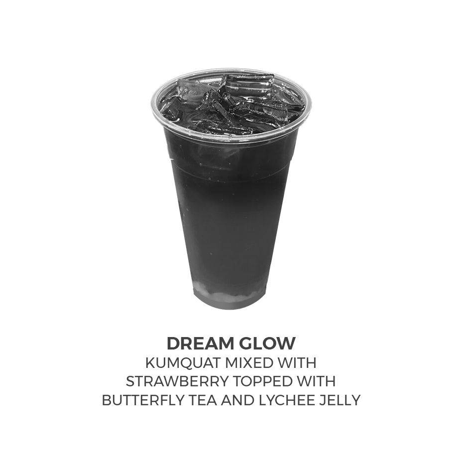 Dream Glow, Kumquat mixed with strawberry topped with butterfly tea and lychee jelly